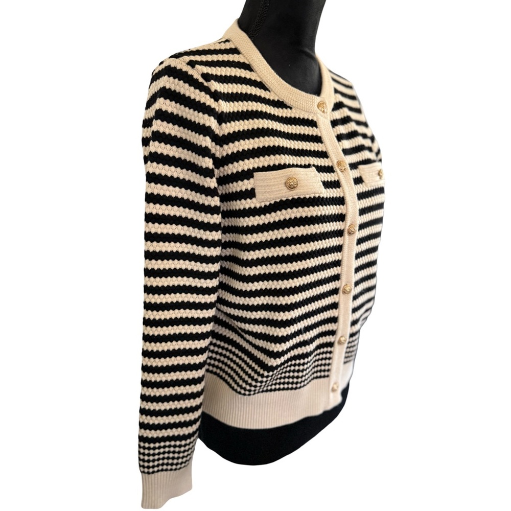 Adrianna‎ Papell Cream Black Striped Button Front Cardigan S Gold Button Knit - Picture 4 of 7